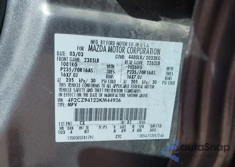 2003 Mazda Tribute Lx from USA, damaged, VIN 4F2CZ94123KM44936